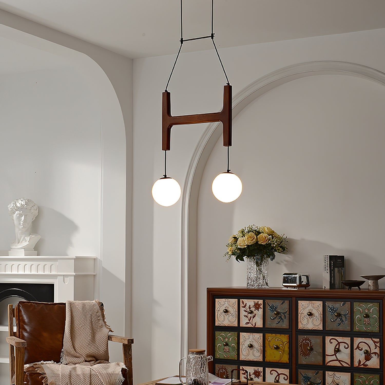 Chandelier Wood Multi-Light 23.6 in White Indoor Dining Room Pendant Light Adjustable Height | Thomler