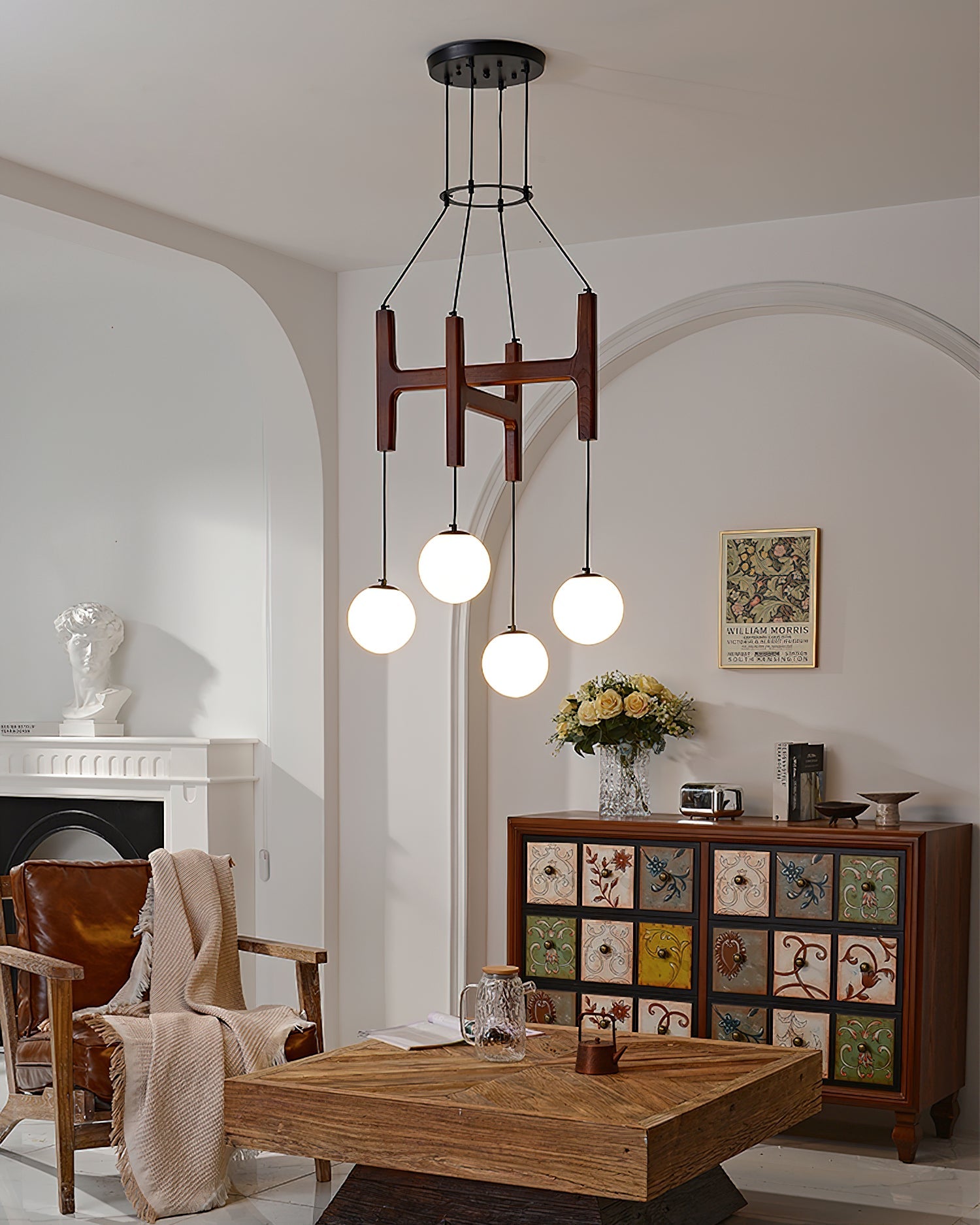 Chandelier Wood Multi-Light 23.6 in White Indoor Dining Room Pendant Light Adjustable Height | Thomler