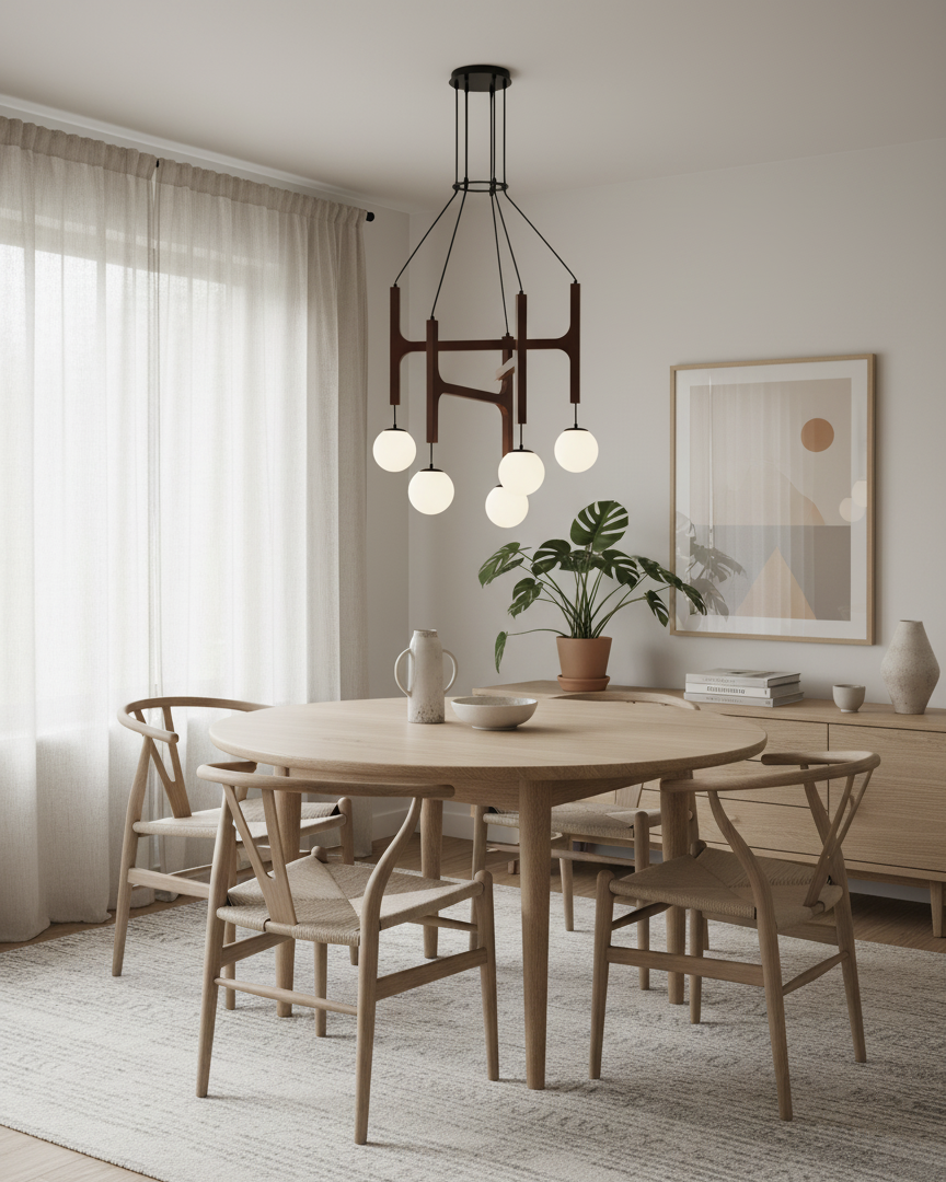 Chandelier Wood Multi-Light 23.6 in White Indoor Dining Room Pendant Light Adjustable Height | Thomler