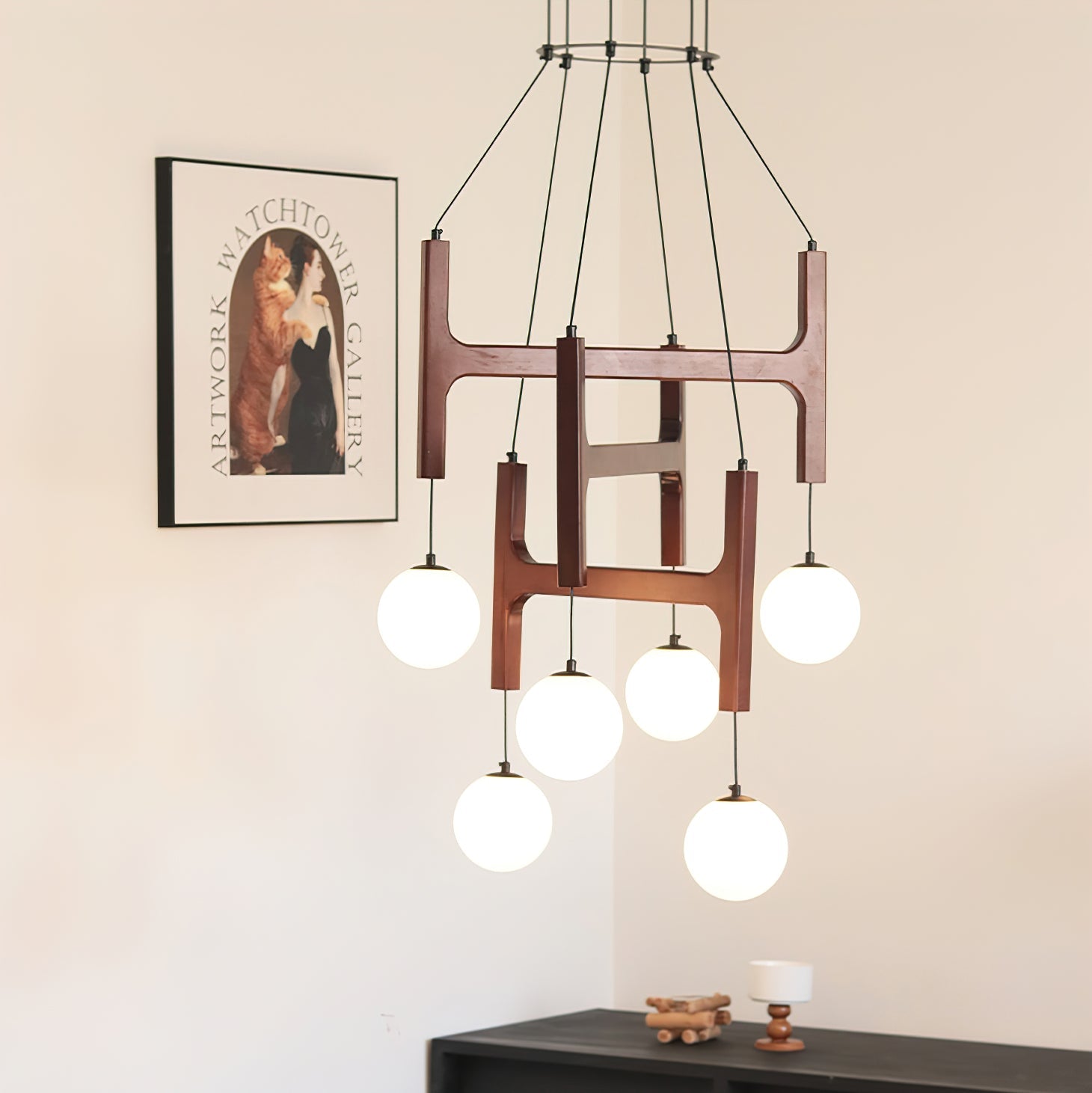 Chandelier Wood Multi-Light 23.6 in White Indoor Dining Room Pendant Light Adjustable Height | Thomler