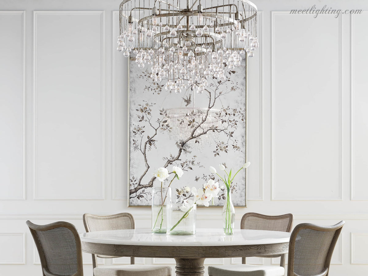 12-Light Hanging Fixture with Stacked Glass Beads in 3 Finishes – Grand Foyer Lighting for High Ceilings | Thomler