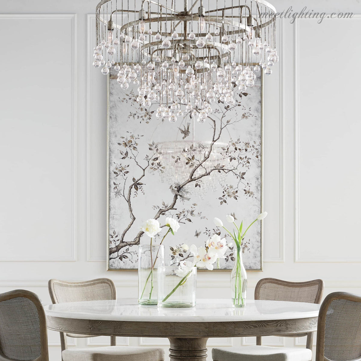 12-Light Hanging Fixture with Stacked Glass Beads in 3 Finishes – Grand Foyer Lighting for High Ceilings | Thomler