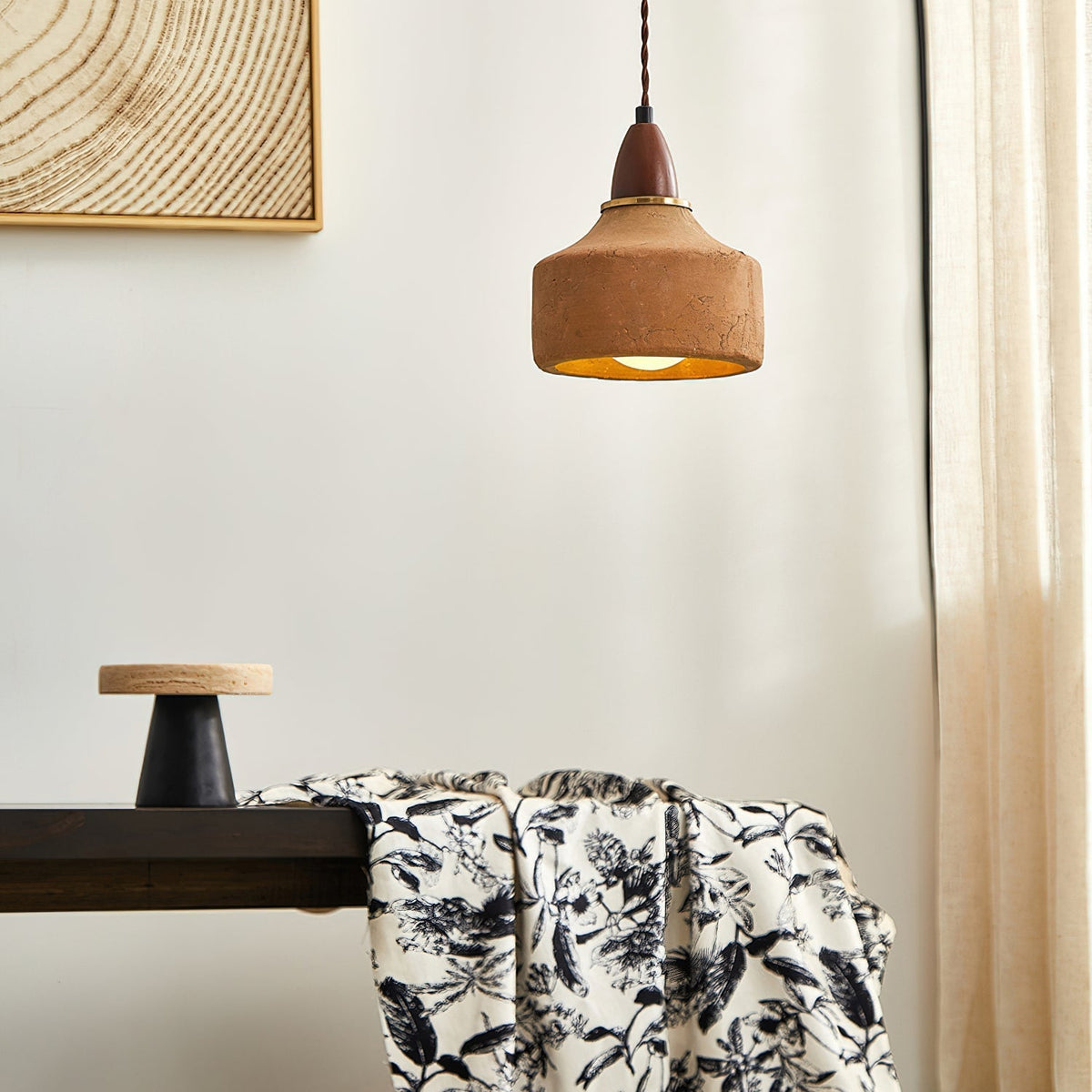 Terracotta Ceramic & Walnut Wood Hanging Lamp with G9 Socket – Warm Rustic Ceiling Light for Dining Room & Kitchen | Thomler