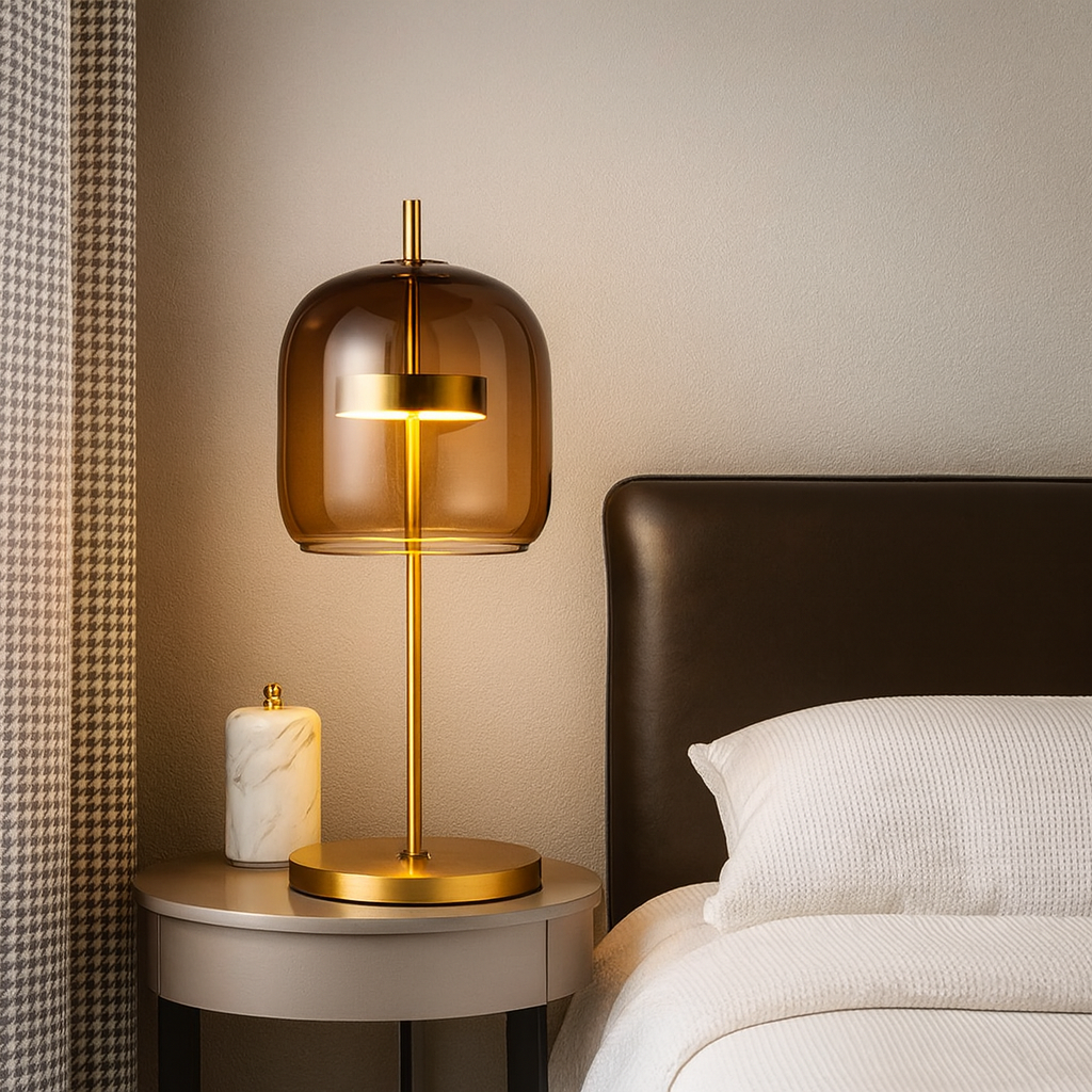 Tinted Glass Tabletop Accent Light with Gold Metal Frame – Soft Ambient Glow for Bedrooms, Nightstands & Living Spaces | Thomler