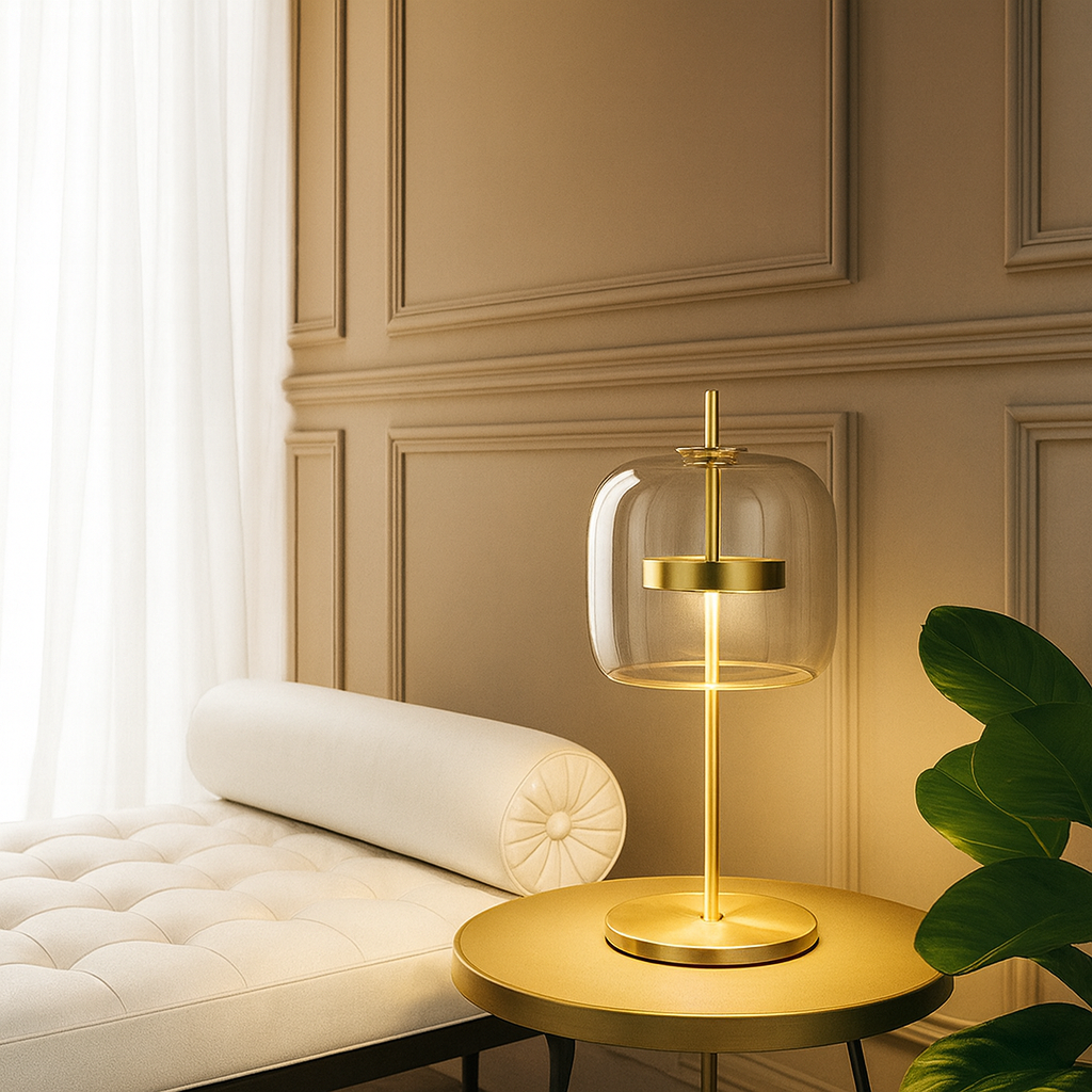 Tinted Glass Tabletop Accent Light with Gold Metal Frame – Soft Ambient Glow for Bedrooms, Nightstands & Living Spaces | Thomler