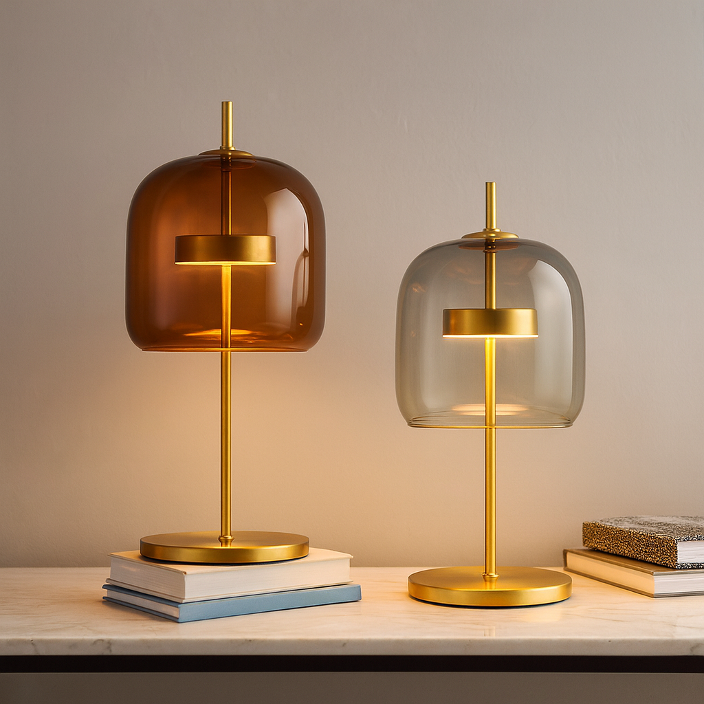 Tinted Glass Tabletop Accent Light with Gold Metal Frame – Soft Ambient Glow for Bedrooms, Nightstands & Living Spaces | Thomler