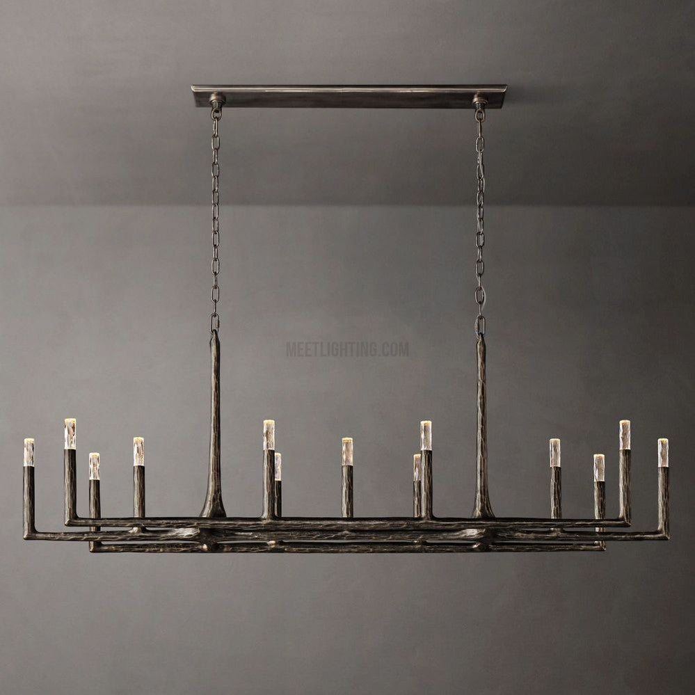 Linear Chandelier with Hand-Forged Metal Frame & Glass Shades for Dining Room | Thomler