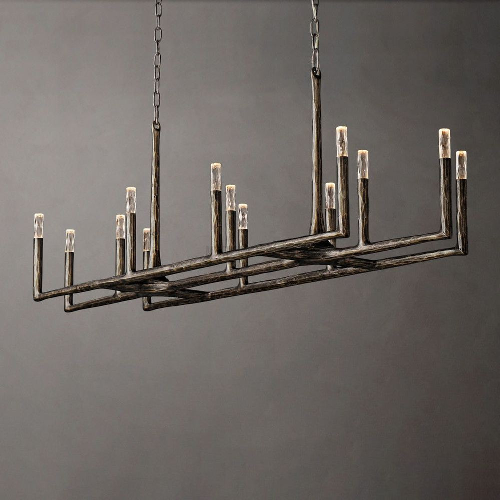 Linear Chandelier with Hand-Forged Metal Frame & Glass Shades for Dining Room | Thomler