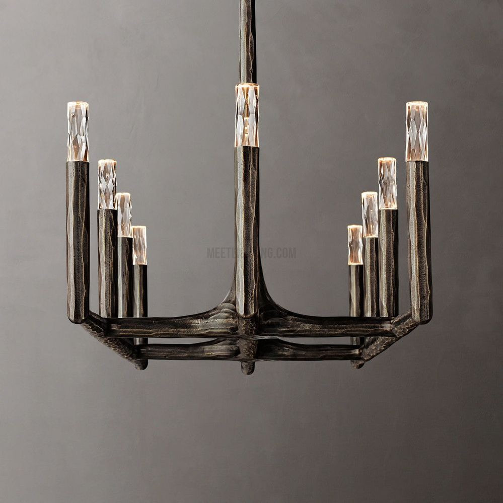 Linear Chandelier with Hand-Forged Metal Frame & Glass Shades for Dining Room | Thomler