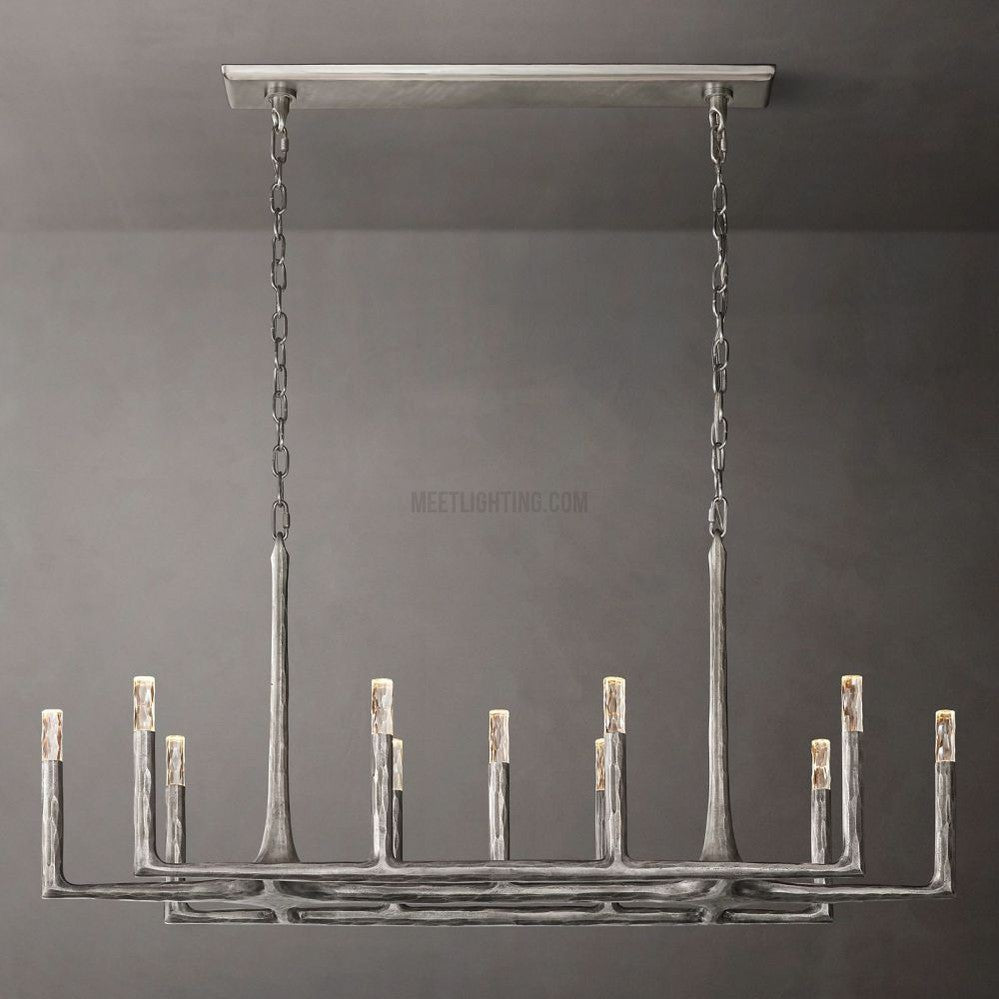 Linear Chandelier with Hand-Forged Metal Frame & Glass Shades for Dining Room | Thomler