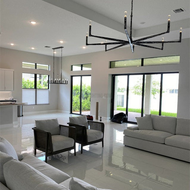 Linear Chandelier with Hand-Forged Metal Frame & Glass Shades for Dining Room | Thomler