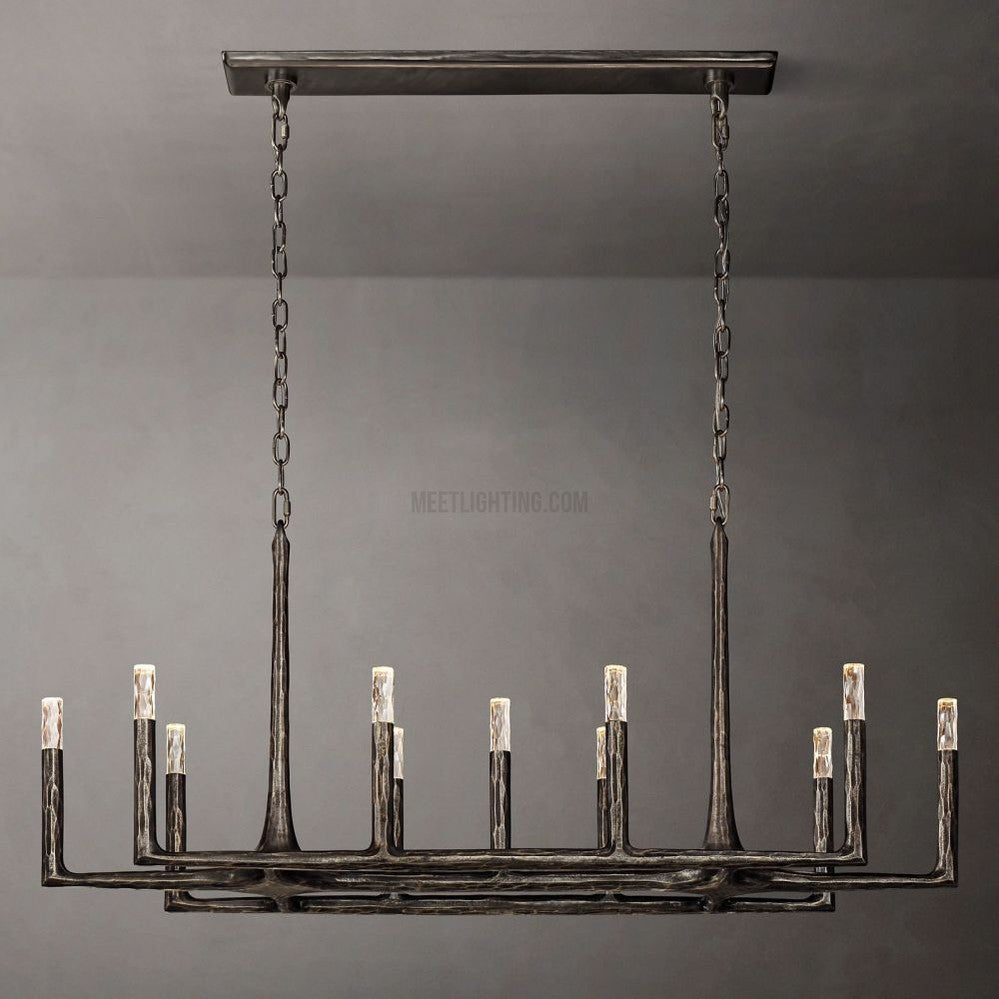 Linear Chandelier with Hand-Forged Metal Frame & Glass Shades for Dining Room | Thomler