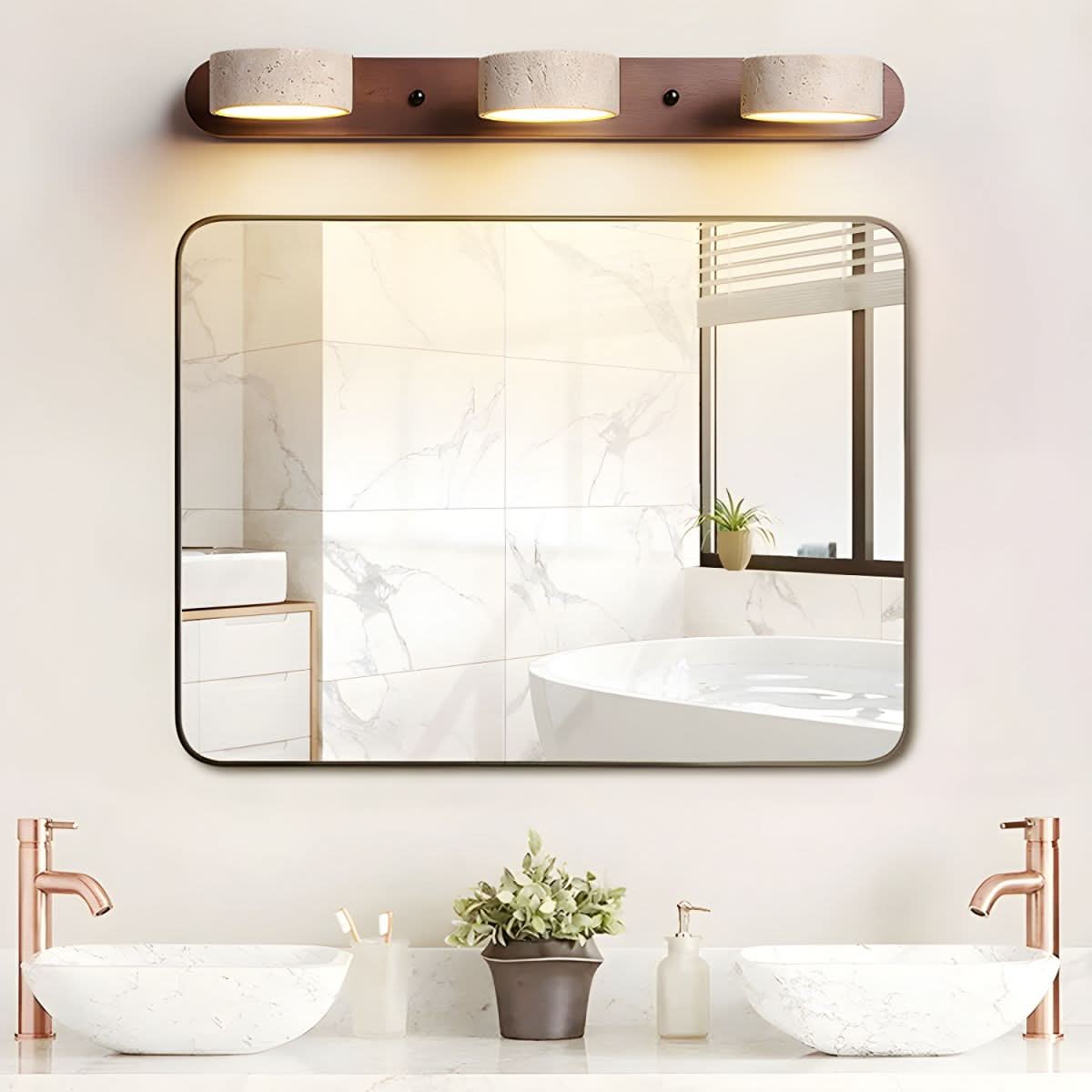 Stone and Wood LED Wall Sconce – Ambient Lighting for Living Room & Bedroom – Modern Architectural Fixture with Travertine Finish | Thomler