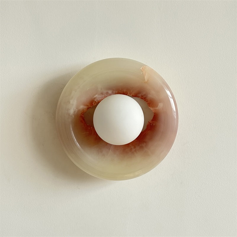 Round Glass Wall Sconce with Curved Marble Backplate for Living Room, Bedroom & Hallway – Hardwired Modern Indoor Light Fixture | Thomler