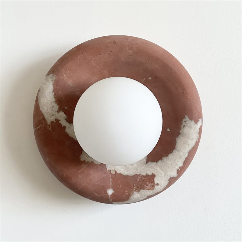 Round Glass Wall Sconce with Curved Marble Backplate for Living Room, Bedroom & Hallway – Hardwired Modern Indoor Light Fixture | Thomler