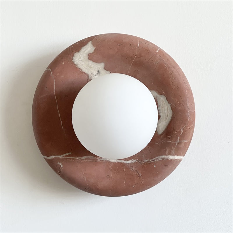 Round Glass Wall Sconce with Curved Marble Backplate for Living Room, Bedroom & Hallway – Hardwired Modern Indoor Light Fixture | Thomler
