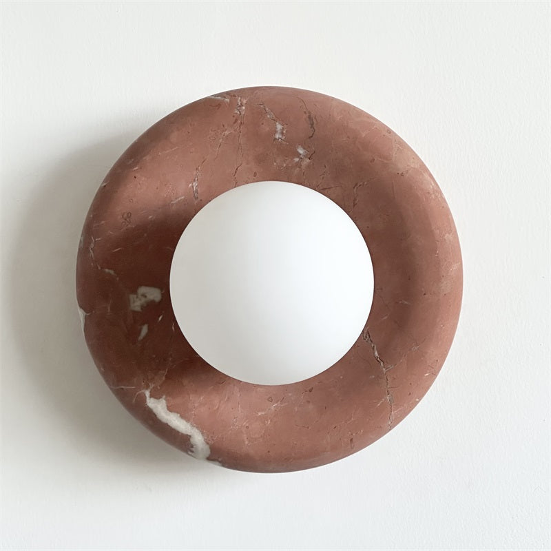 Round Glass Wall Sconce with Curved Marble Backplate for Living Room, Bedroom & Hallway – Hardwired Modern Indoor Light Fixture | Thomler