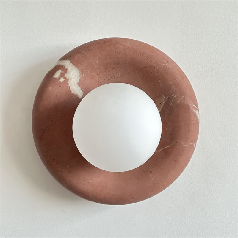 Round Glass Wall Sconce with Curved Marble Backplate for Living Room, Bedroom & Hallway – Hardwired Modern Indoor Light Fixture | Thomler