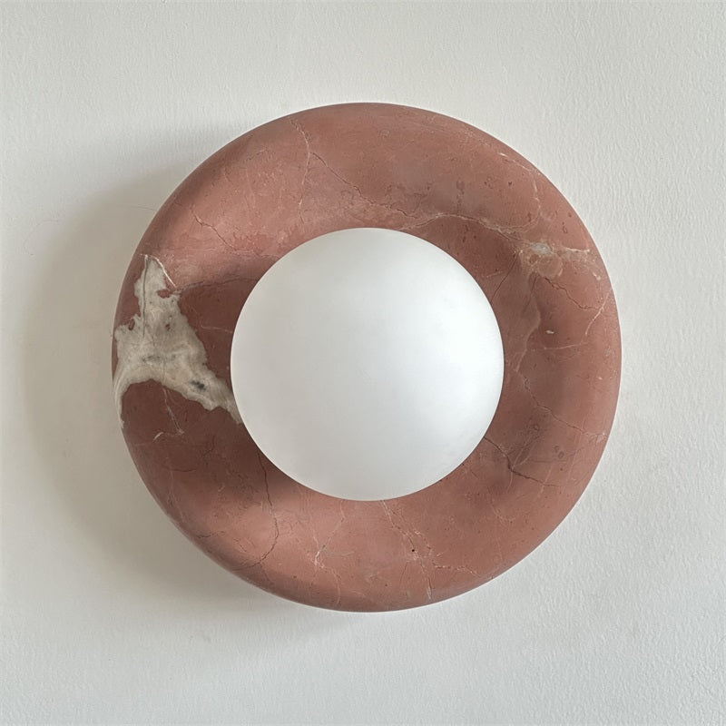 Round Glass Wall Sconce with Curved Marble Backplate for Living Room, Bedroom & Hallway – Hardwired Modern Indoor Light Fixture | Thomler