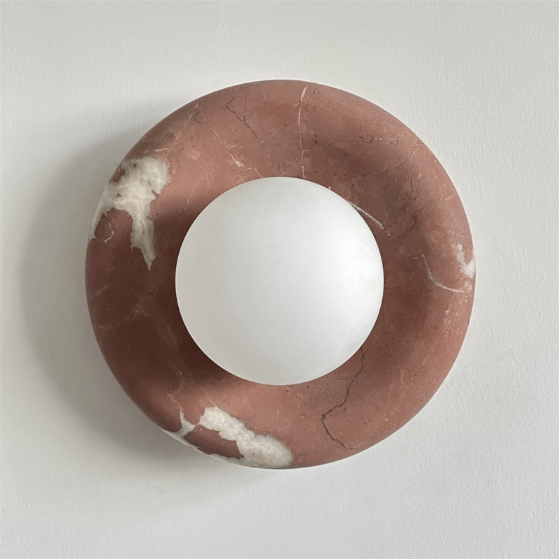 Round Glass Wall Sconce with Curved Marble Backplate for Living Room, Bedroom & Hallway – Hardwired Modern Indoor Light Fixture | Thomler