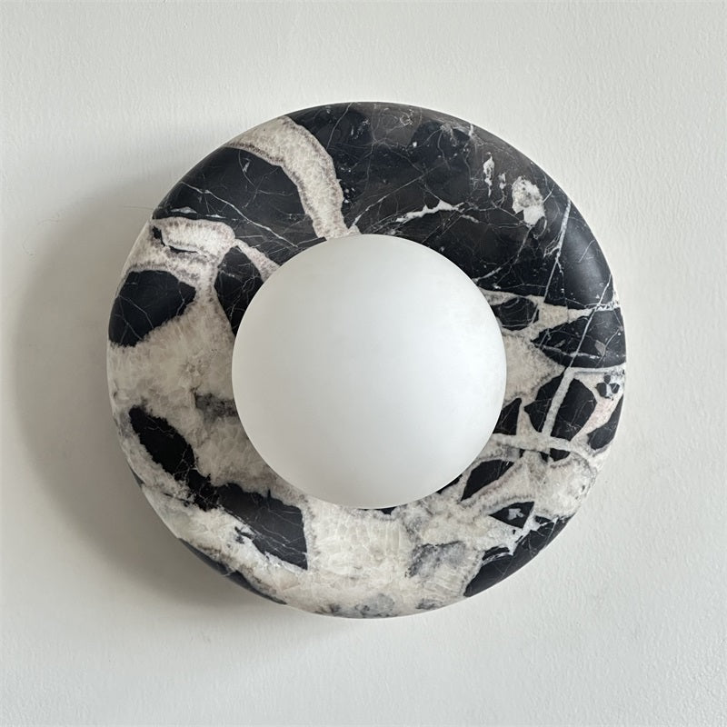Round Glass Wall Sconce with Curved Marble Backplate for Living Room, Bedroom & Hallway – Hardwired Modern Indoor Light Fixture | Thomler