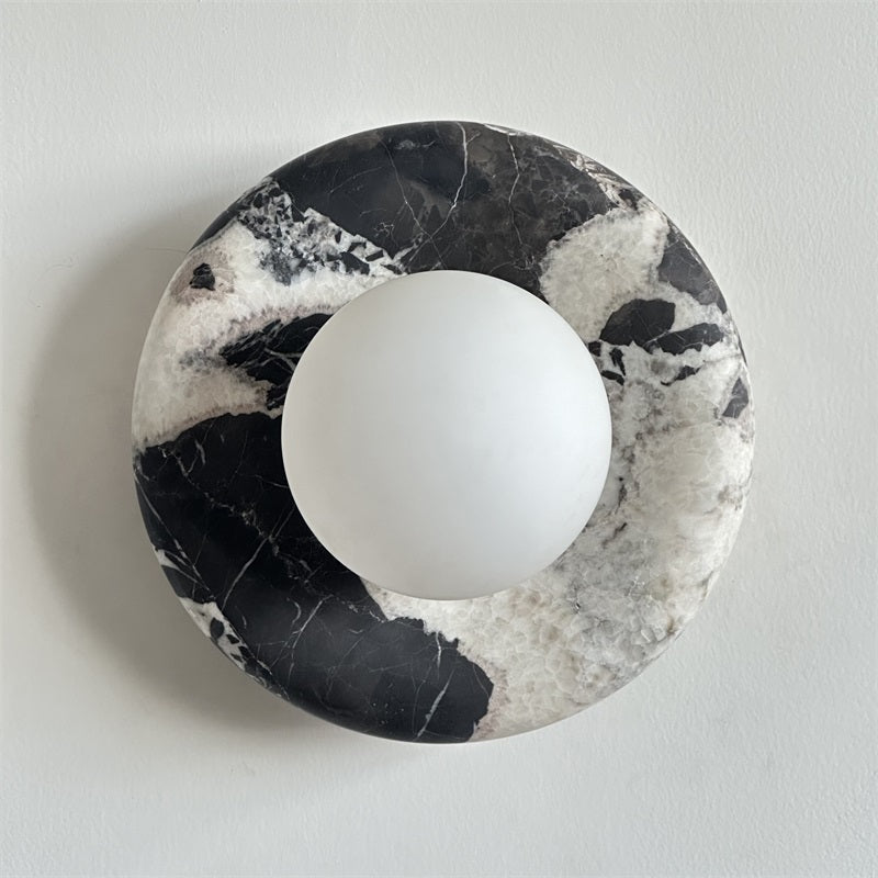 Round Glass Wall Sconce with Curved Marble Backplate for Living Room, Bedroom & Hallway – Hardwired Modern Indoor Light Fixture | Thomler