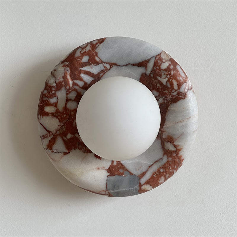 Round Glass Wall Sconce with Curved Marble Backplate for Living Room, Bedroom & Hallway – Hardwired Modern Indoor Light Fixture | Thomler