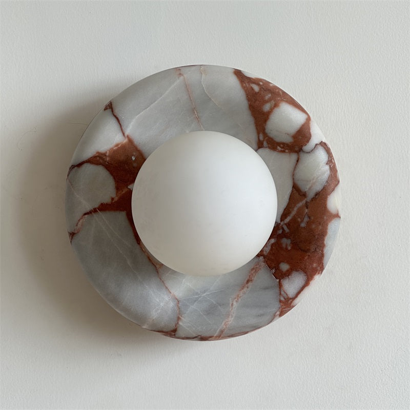 Round Glass Wall Sconce with Curved Marble Backplate for Living Room, Bedroom & Hallway – Hardwired Modern Indoor Light Fixture | Thomler