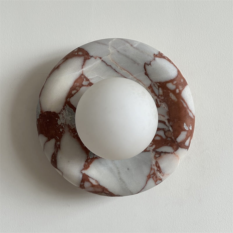 Round Glass Wall Sconce with Curved Marble Backplate for Living Room, Bedroom & Hallway – Hardwired Modern Indoor Light Fixture | Thomler