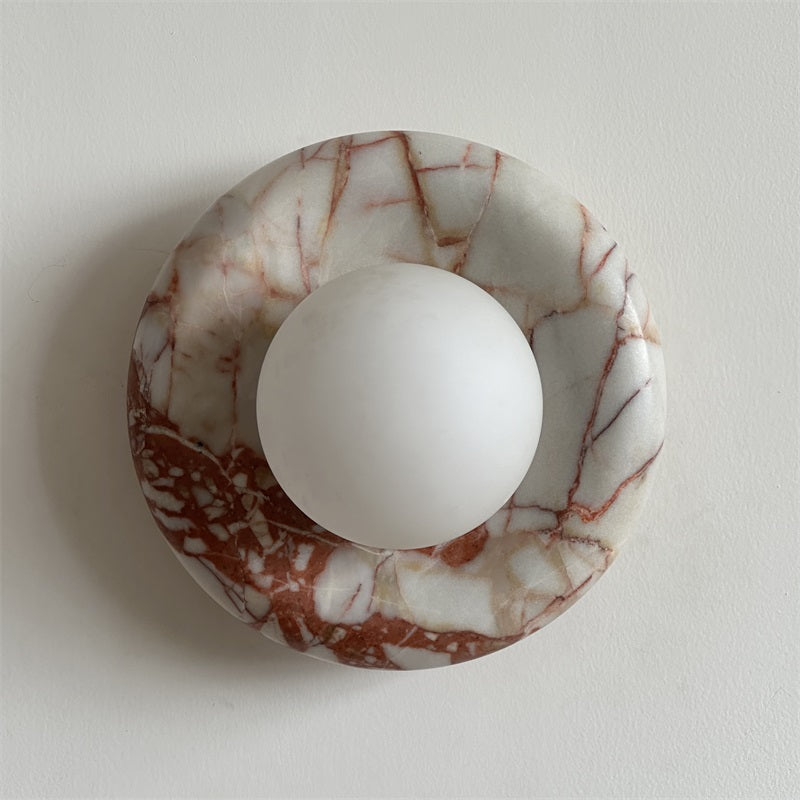 Round Glass Wall Sconce with Curved Marble Backplate for Living Room, Bedroom & Hallway – Hardwired Modern Indoor Light Fixture | Thomler
