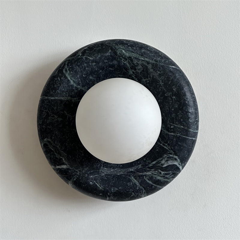 Round Glass Wall Sconce with Curved Marble Backplate for Living Room, Bedroom & Hallway – Hardwired Modern Indoor Light Fixture | Thomler