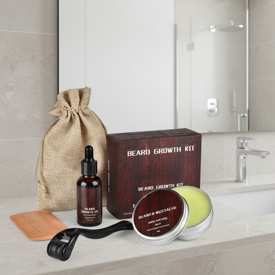 Facial Hair Essentials Kit – Dermaroller, Hydrating Oil & Styling Balm for Men | Thomler