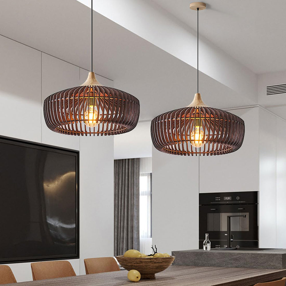Wooden Dome Pendant Light with Slatted Design for Bedroom, Living Room & Dining Areas | Hanging Ceiling Fixture | Thomler