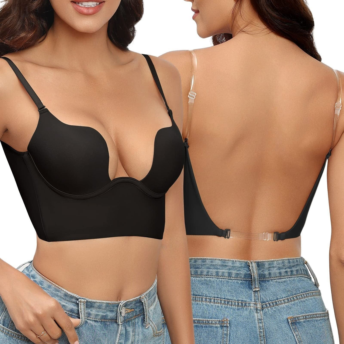 Invisible Strap Push-Up Bra for Low-Back Outfits – Padded Cups & See-Through Closure | Thomler