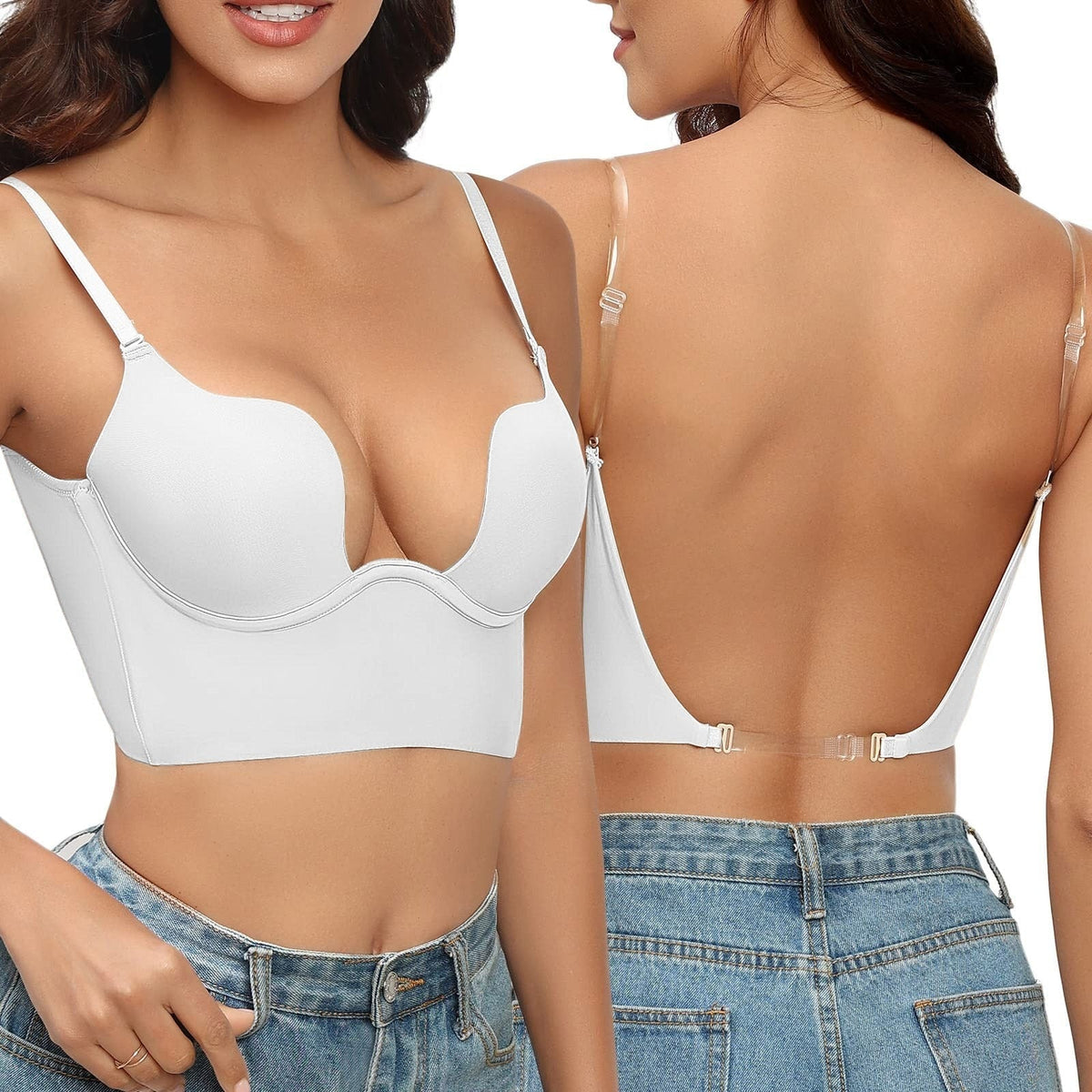 Invisible Strap Push-Up Bra for Low-Back Outfits – Padded Cups & See-Through Closure | Thomler