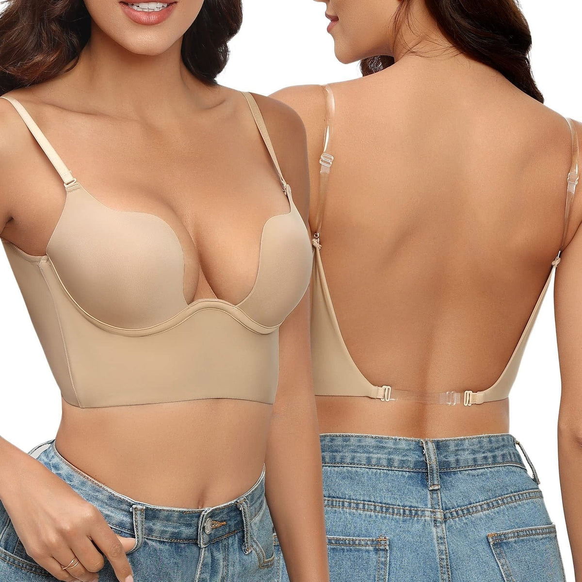 Invisible Strap Push-Up Bra for Low-Back Outfits – Padded Cups & See-Through Closure | Thomler