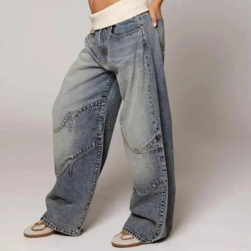 Relaxed-Fit Wide-Leg Jeans with Elastic Ribbed Waist | Throwback Streetwear Pants for Women | Vintage Washed Y2K Denim | Thomler