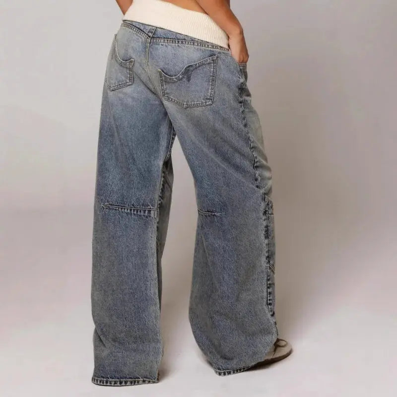 Relaxed-Fit Wide-Leg Jeans with Elastic Ribbed Waist | Throwback Streetwear Pants for Women | Vintage Washed Y2K Denim | Thomler