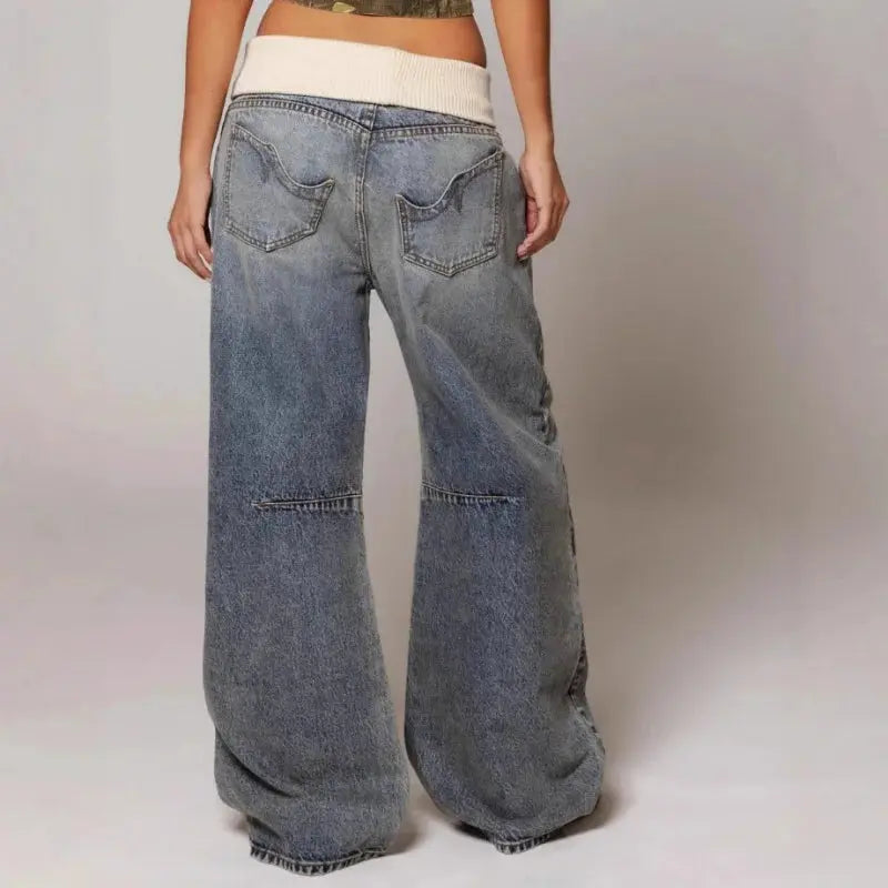 Relaxed-Fit Wide-Leg Jeans with Elastic Ribbed Waist | Throwback Streetwear Pants for Women | Vintage Washed Y2K Denim | Thomler