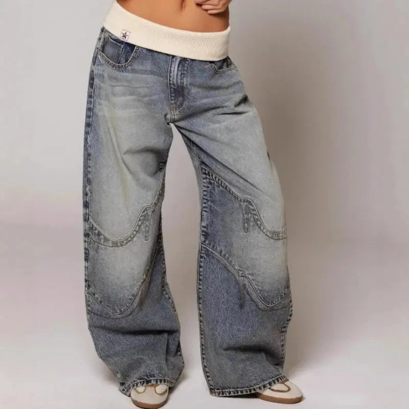 Relaxed-Fit Wide-Leg Jeans with Elastic Ribbed Waist | Throwback Streetwear Pants for Women | Vintage Washed Y2K Denim | Thomler