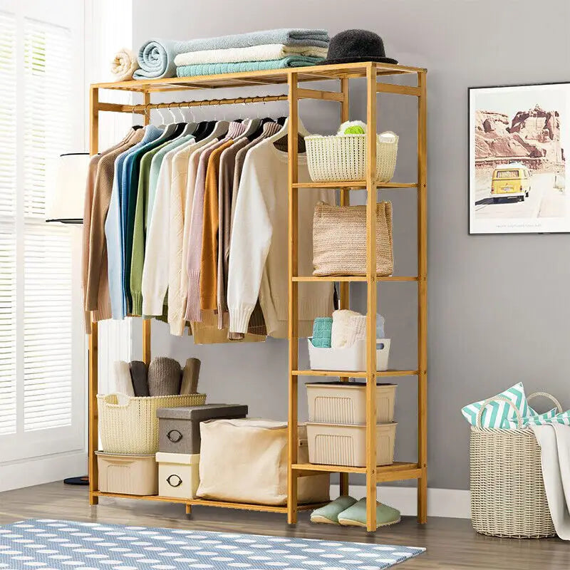 Clothes Rack Bamboo 90.0 cm Natural Bedroom Storage With Shelves Open Wardrobe Garment Organiser Shoe And Accessory Stand | Thomler