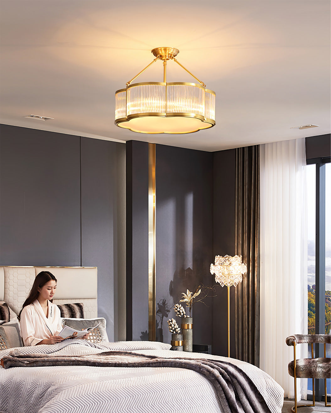 Ceiling Light Brass Glass 19.7 in Flush Mount Living Room Bedroom Quatrefoil Decorative Indoor Lighting Fixture | Thomler