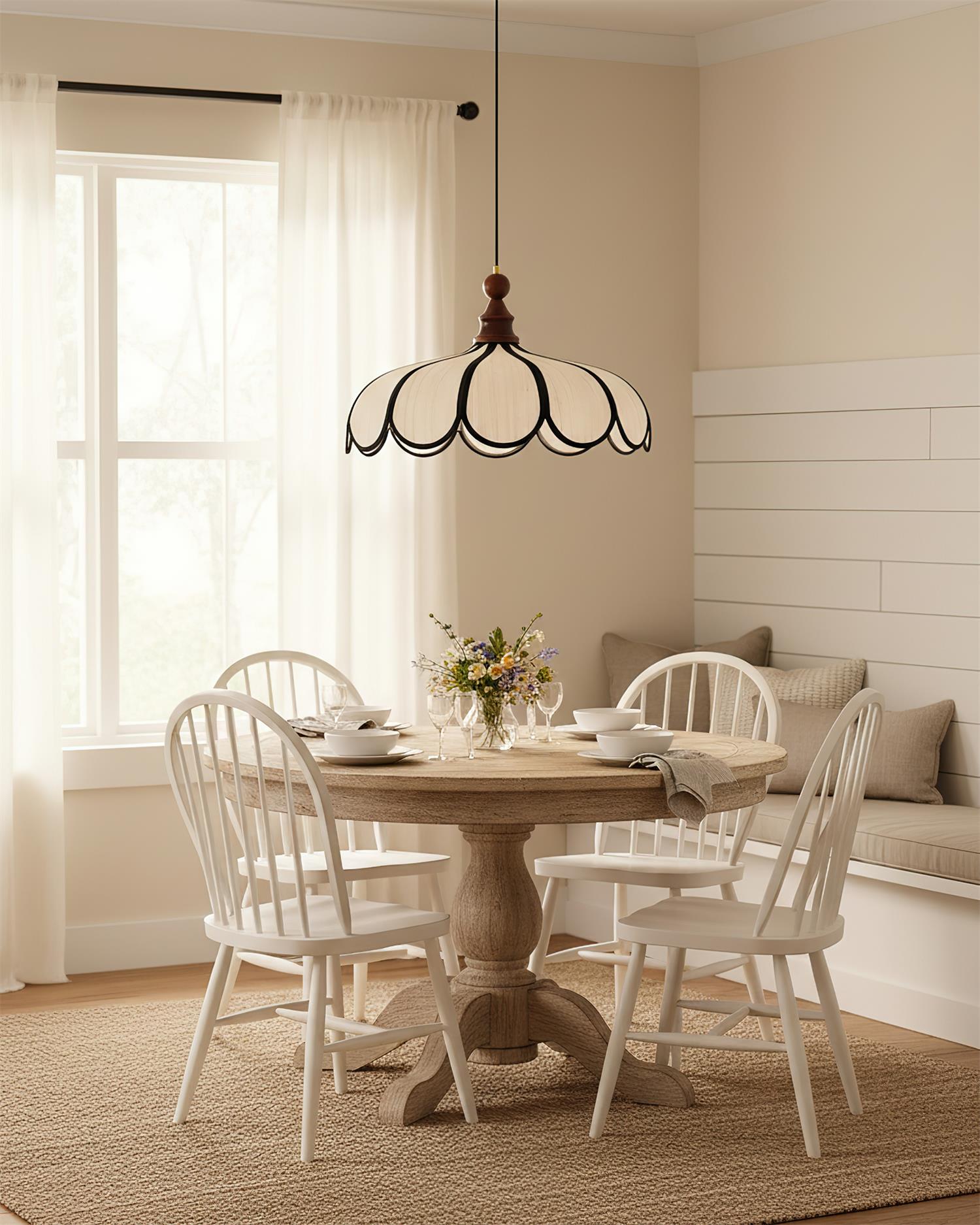 Pendant Lamp Abaca Shade 15.7 in 11.8 in Walnut Beige Black Dining Room Kitchen Island Hanging Light Vintage Style | Thomler