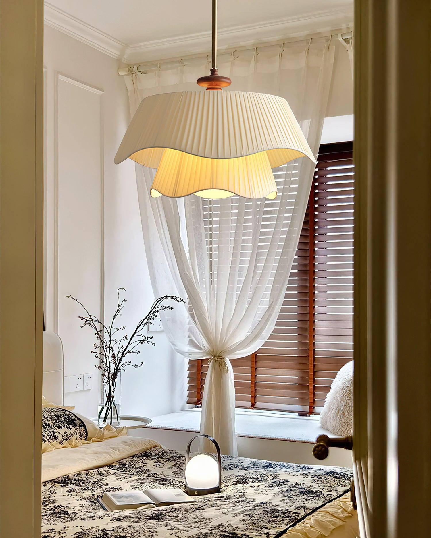 Pendant Light Fabric Wood 9.8 in Double Wavy Shade Dining Room Modern Ceiling Hanging Fixture Ambient Home Lighting | Thomler