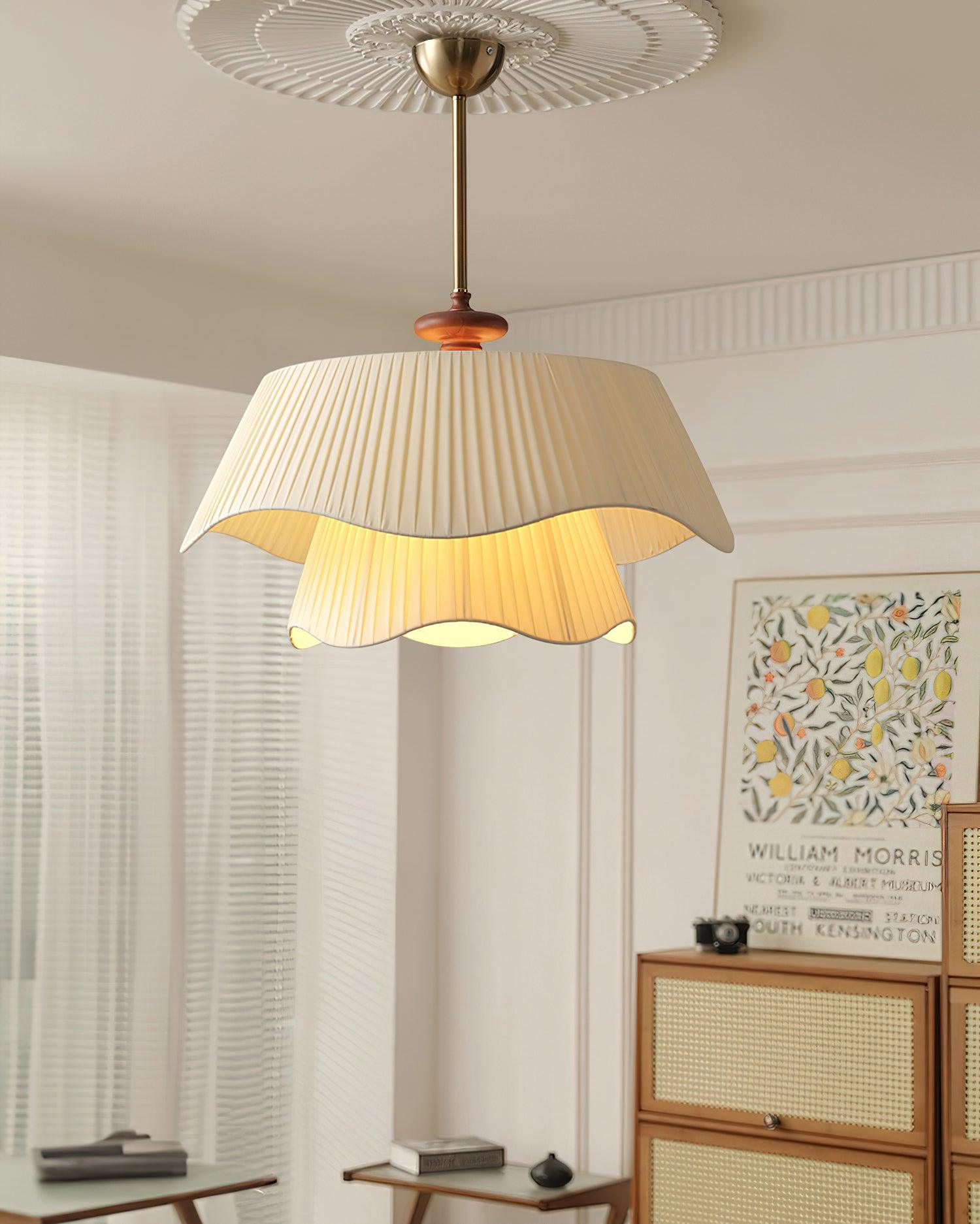 Pendant Light Fabric Wood 9.8 in Double Wavy Shade Dining Room Modern Ceiling Hanging Fixture Ambient Home Lighting | Thomler