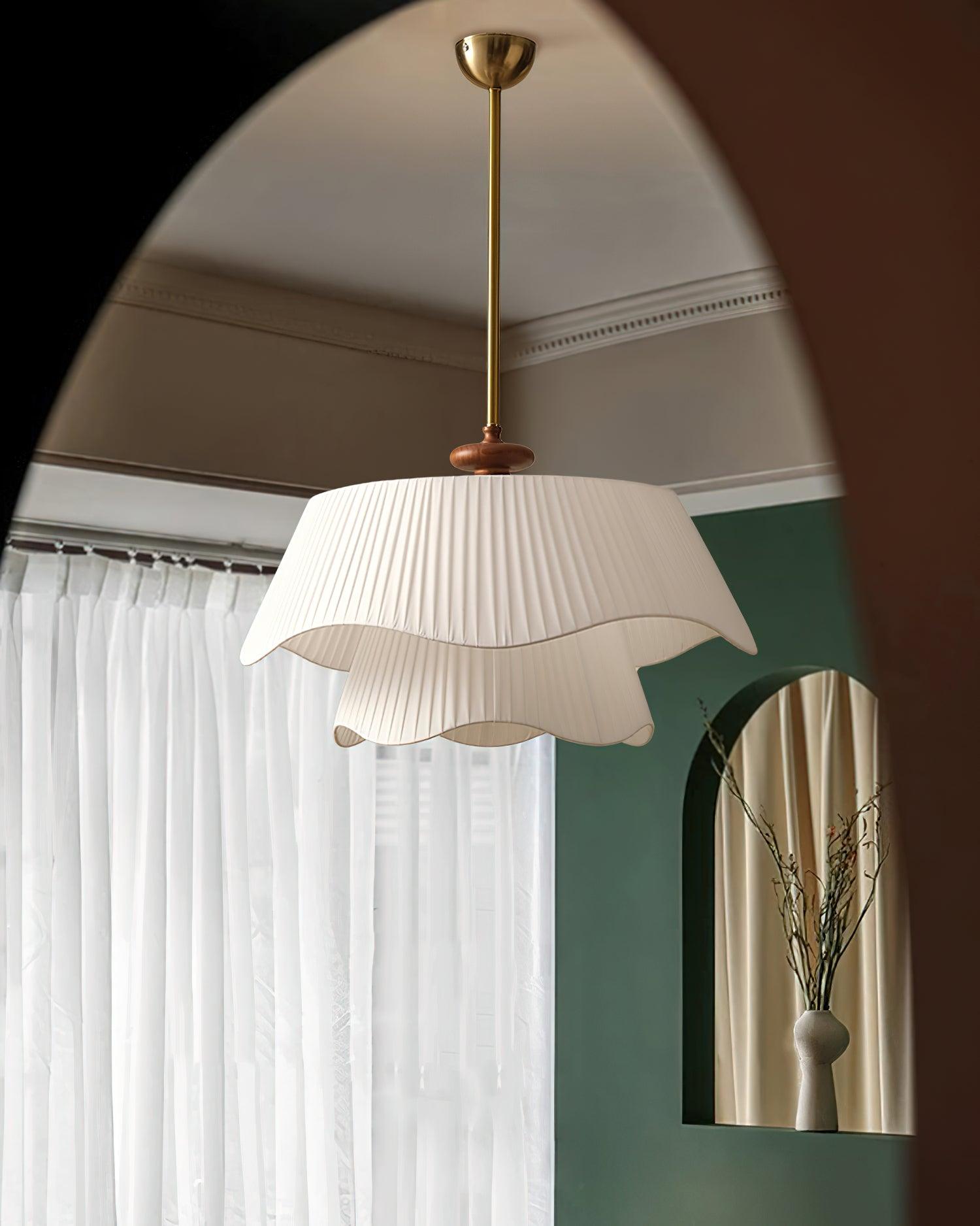 Pendant Light Fabric Wood 9.8 in Double Wavy Shade Dining Room Modern Ceiling Hanging Fixture Ambient Home Lighting | Thomler