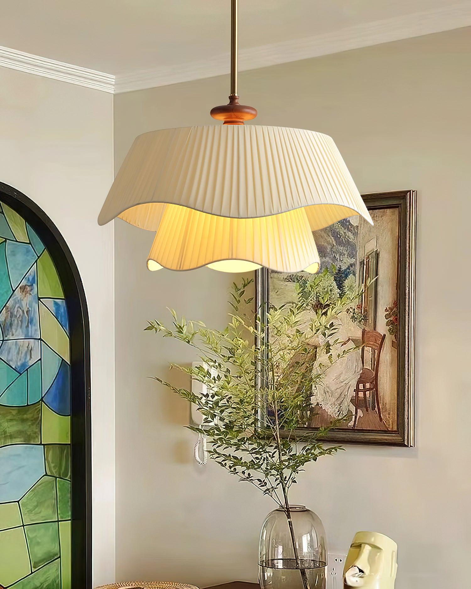 Pendant Light Fabric Wood 9.8 in Double Wavy Shade Dining Room Modern Ceiling Hanging Fixture Ambient Home Lighting | Thomler