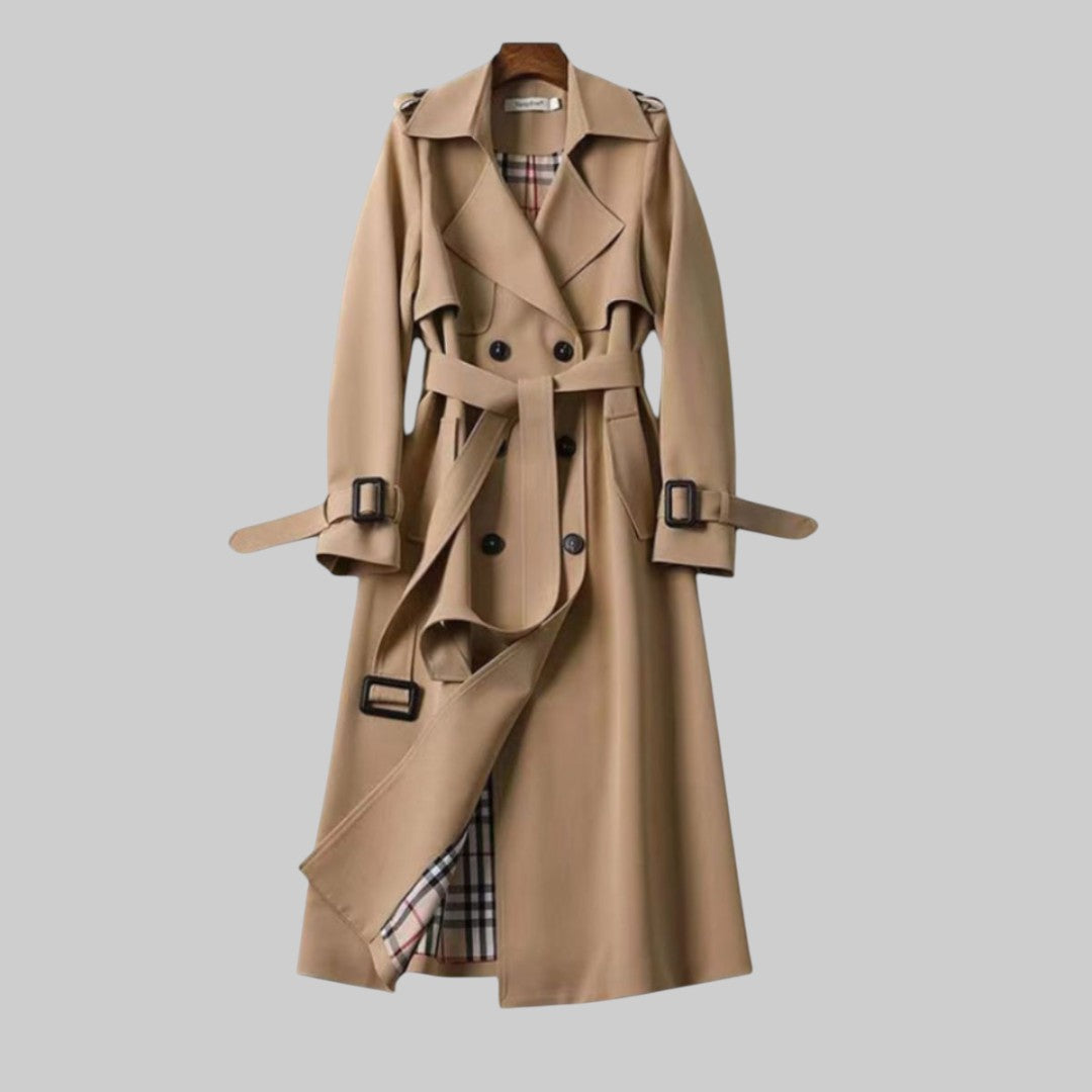 Women's Extended-Length Military-Inspired Overcoat with Tie Waist and Peaked Collar | Thomler