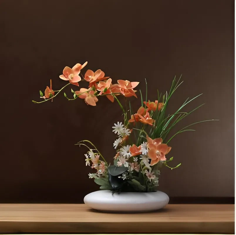 Porcelain Bird Sculpture with Artificial Orchid Bloom – Tabletop Ornament for Home & Office | Thomler