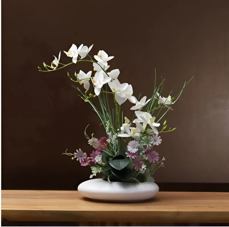 Porcelain Bird Sculpture with Artificial Orchid Bloom – Tabletop Ornament for Home & Office | Thomler